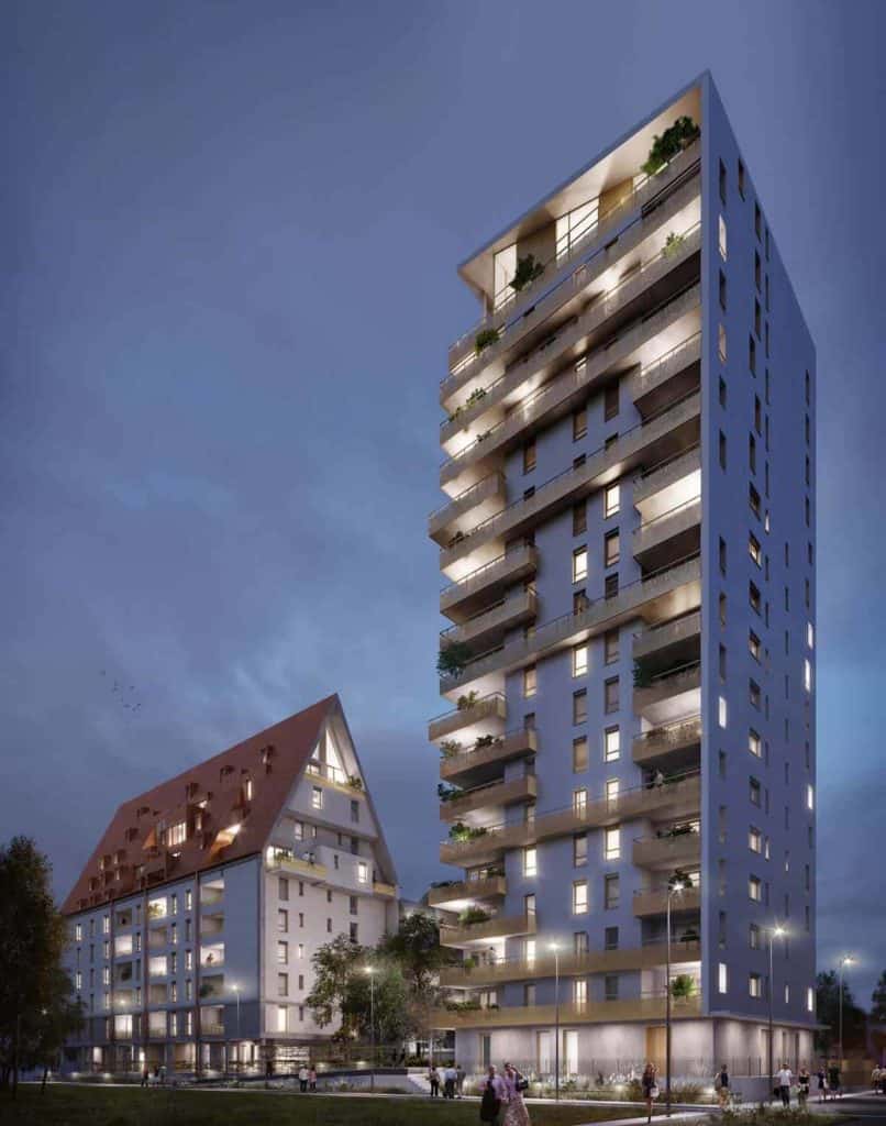 Vue de Nuit de la Tour-Coop au coeur du Quartier Entre2Rives à Strasbourg